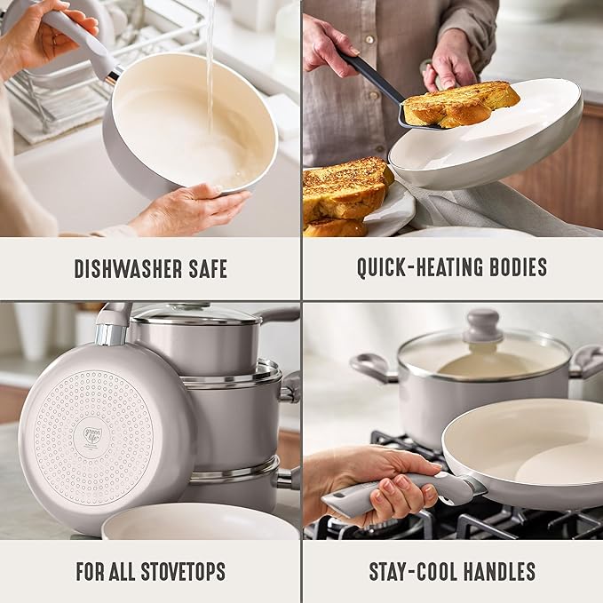 GreenLife 16-Piece Nonstick Cookware Set, Non-Toxic Ceramic Pots and Pans Set, Durable Healthy Kitchen Essentials, Fast Heating, Induction Ready, Easy Clean Dishwasher Safe, PFAS-Free, Light Gray