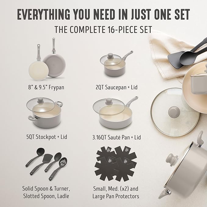 GreenLife 16-Piece Nonstick Cookware Set, Non-Toxic Ceramic Pots and Pans Set, Durable Healthy Kitchen Essentials, Fast Heating, Induction Ready, Easy Clean Dishwasher Safe, PFAS-Free, Light Gray