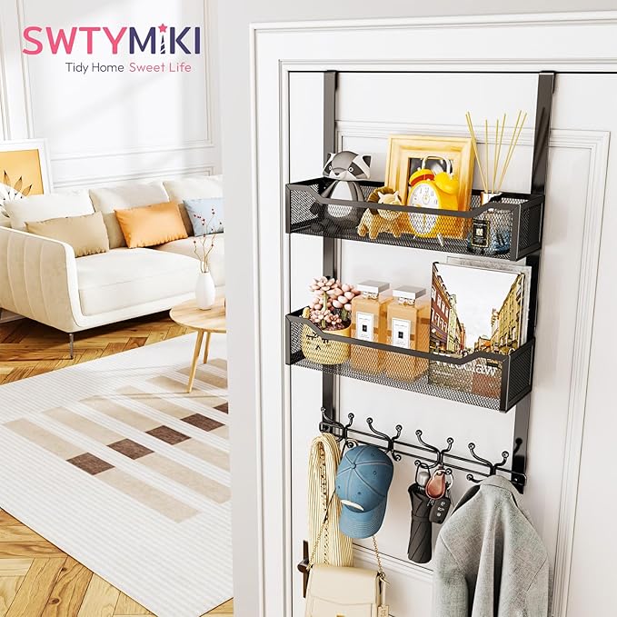 SWTYMIKI Over The Door Hooks Organizer - Multi-Functional Door Hanger with 16 Hooks & 2 Mesh Baskets, Long Coat Rack for Bathroom, Bedroom, Living Room, Home Storage Organizer, Black