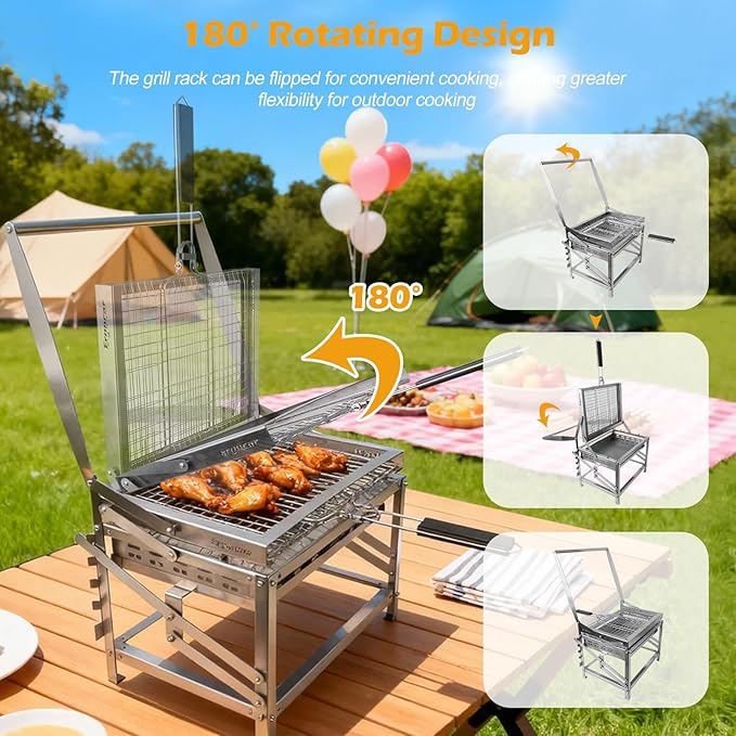 Ergocar Charcoal Grill Outdoor Multi-Function Portable Rotatable Adjustable Height 4-Tier Charcoal Tray Ideal For Outdoor Smoking, Picnics, Camping Barbecues