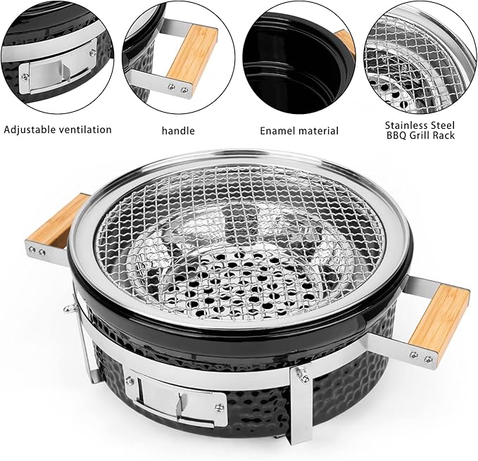 Ceramic Hibachi Charcoal Grill with Grid Lifter, 14" Portable BBQ Yakitori Grill with Stainless Steel Grate for Outdoor Patio Backyard Barbecue Cooking, GS305