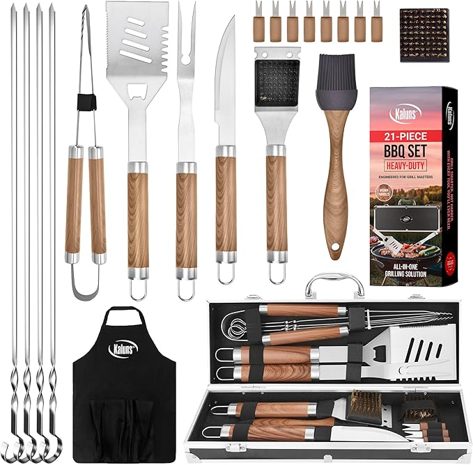 Kaluns Grilling Accessories, Dad Gifts for Fathers Day, Mothers Day Grilling Gifts, Heavy Duty Stainless Steel BBQ Tool Set for Outdoor Grill with Aluminum Case and Apron, Birthday Gifts for Men