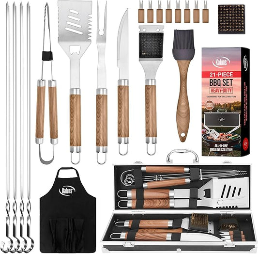 Kaluns Grilling Accessories, Dad Gifts for Fathers Day, Mothers Day Grilling Gifts, Heavy Duty Stainless Steel BBQ Tool Set for Outdoor Grill with Aluminum Case and Apron, Birthday Gifts for Men