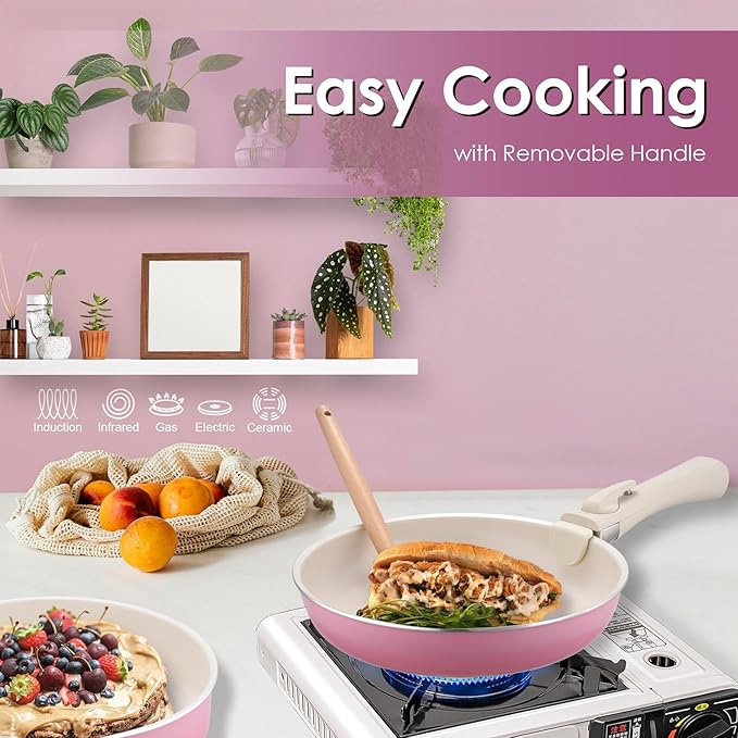 ONGIFT 20pcs Ceramic Cookware Set Nonstick, Detachable Handle Pots and Pans Set, Non Toxic,No PFAS & PTFE & PFOA, Dishwasher/Oven Safe, RV Kitchen Set Removable Handle for Cooking, Pink