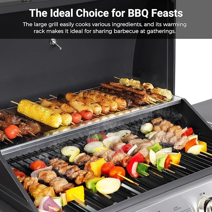 4-Burner Propane BBQ Grill, Stainless Steel Outdoor Gas Grill with 40,000 BTU, Porcelain-Coated Grates and Foldable Side Shelves, Perfect for Patio & Backyard Cooking (Black)