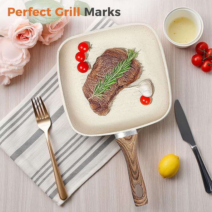 Sweetcrispy Nonstick Grill Pans Set, 3 Piece Square Frying Pan Skillet Set with Stay Cool Handle & PFOA Free, Compatible with All Stovetops (9.5" 10" 11") Beige