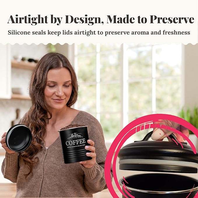 noonberry Kitchen Canisters for Countertop – 3-Piece Airtight Canister Set for the Kitchen Counter with Utensil Holder – Flour Sugar Containers – Matte Black Finish