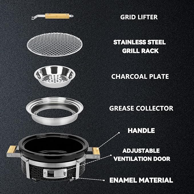Ceramic Hibachi Charcoal Grill with Grid Lifter, 14" Portable BBQ Yakitori Grill with Stainless Steel Grate for Outdoor Patio Backyard Barbecue Cooking, GS305