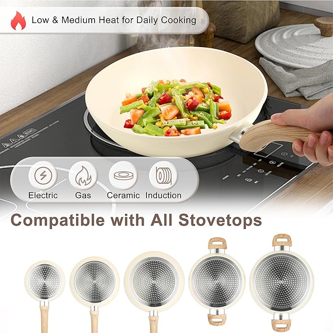 FAB&DELUXE 11Pcs Nonstick Cookware Set, Aluminum Nonstick Pots and Pans with Lids & Wooden Handles, Silicone Spoons & Spatulas, Non-toxic Healthy Kitchen Cooking Sets, PFAS & PFOA Free