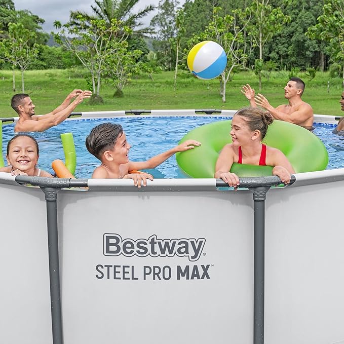 Piscine hors sol Bestway Steel Pro MAX 3,96 m x 1,22 m, kit piscine extérieure ronde à cadre métallique avec pompe de filtration, échelle et couverture, gris