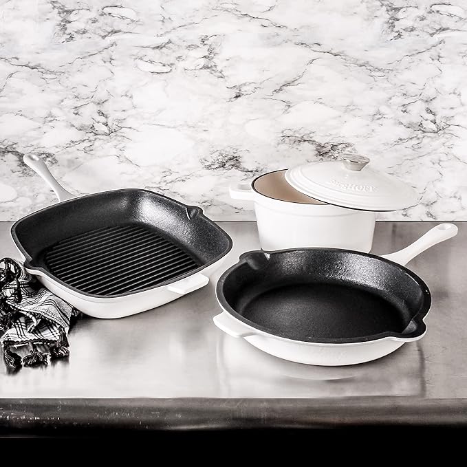BergHOFF Neo 4Pc Enameled Cast Iron Cookware Set, Grill Pan 11 inches, Fry Pan 10 inches, 3qt. Dutch Oven, Matching Lid, Fast, Evenly Heat, Oven Safe (White)