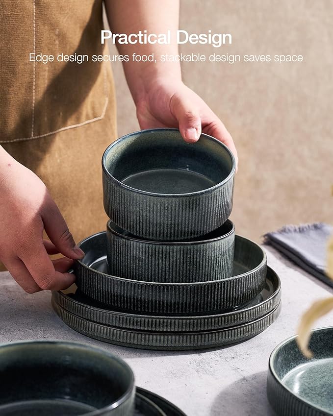 Famiware Star 24-Piece Stoneware Dinnerware Sets, Service for 6 - Shallow Pasta Bowls & Flat Plates, Modern Rustic Reactive Glaze Dishes, Chip/Scratch Resistant, Microwave/Dishwasher Safe, Deep Forest