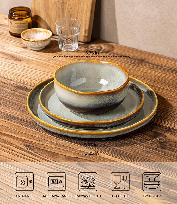 TheTerra Ceramic Dinnerware Sets for 4, 12 Pieces Handmade Reactive Glaze Plates and Bowls Sets, Scratch Resistant Dish Set, Oven & Microwave & Dishwasher Safe, Brown Blue