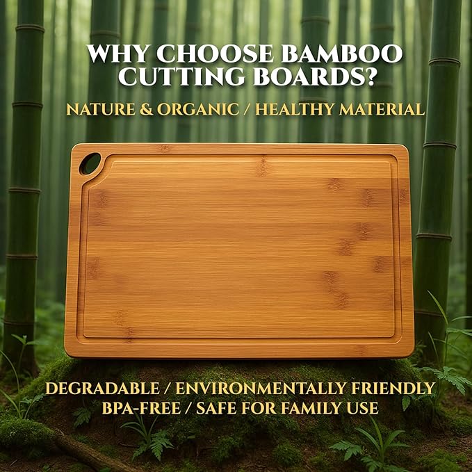Bamboo Cutting Board 3-Piece Set with Juice Grooves – Non-Slip Wooden Chopping Boards for Kitchen & Housewarming Gfit, Multi-Size Serving Tray for Meat, Vegetables, Fruits