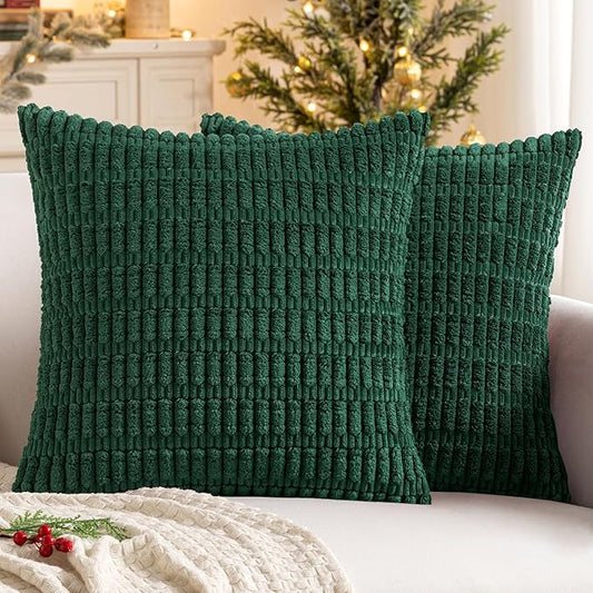 MIULEE Pack of 2 Dark Green Corduroy Decorative Euro Sham Pillow Covers 22x22 Inch Soft Boho Striped Throw Pillow Covers Modern Farmhouse Home Decor for Sofa Living Room Couch Bed