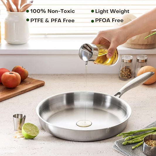 10 Inch Tri-Ply Stainless Steel Frying Pan, Healthy Stainless Steel Cookware, Skillet on Induction, Ceramic and Gas Cooktops, PFOA Free Cooking Pan, Dishwasher Safe, Stay-Cool Handle