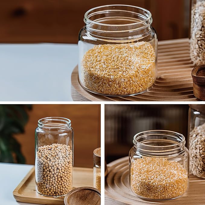 3 Pack 50 fl oz/1500 ml Clear Glass Storage Canister with Airtight Wooden Screw On Lid, Large Tall Decorative Glass Container Jar Set for Coffee, Nut, Tea, Candy, Cookie, Cereal, Sugar, Flour