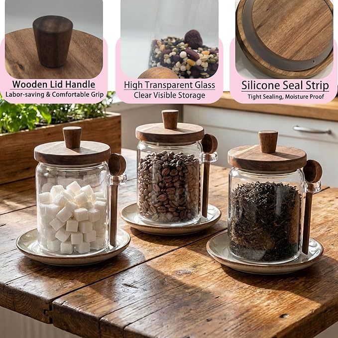 Set of 3 Glass Jars Containers with Wooden Lids and Scoop Clear Canister Jars Set with Spoon for Kitchen Food Storage Coffee Tea Sugar Decorative Countertop Organization Jars 31 oz (3)
