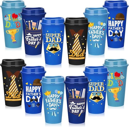 Domensi 12 Pack Fathers Day Cups Bulk 16 oz Father's Day Coffee Cups with Lids, Reuable PP Drinks Tumbler Happy Fathers Travel Mugs for Dad, Office, Camping, BBQ Party Supplies Gifts for Men