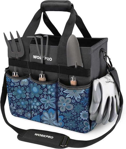 WORKPRO Garden Tool Bag Organizer, Heavy Duty Gardening Tote Bag with 10 Pockets and Long Adjustable Shoulder Strap, Standable Garden Home Tool Kits Organizer, Floral Blue (Tools are not included)