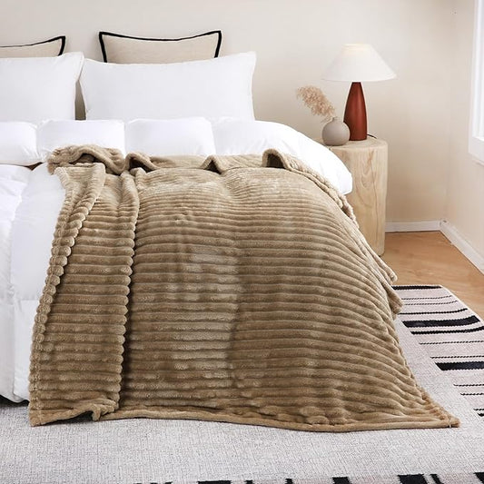 Tan Fleece Throw Blanket 108”×90” for Couch Sofa Bed,Super Soft Cozy Plush Microfiber Flannel Blanket with Stripes Design Lightweight for Adults,Woman,Girls