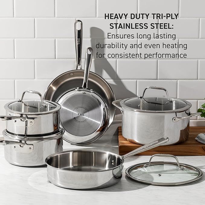 T-Fal Pro Tri-Ply Stainless Steel Saute Pan with Lid, 3 Quart, Induction Pot, Oven Safe 500F, Lid 350F, Deep Frying Pan, Fast & Even Heat, Professional Quality, Durable, Silver