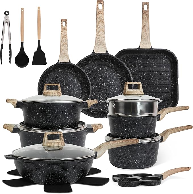 23Pcs Pots and Pans Set Non Stick, Kitchen Cookware Sets, Granite Induction Cookware Non Stick Cooking Set w/Frying Pans, Saucepans, Griddle, EggPan (Black)