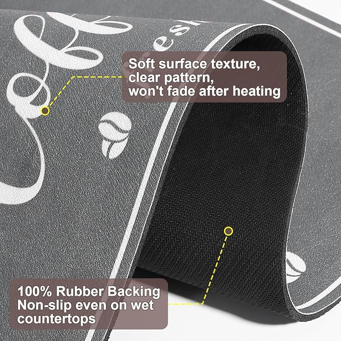 CooRug Absorbent Coffee Mat, Fashion Dish Drying Mat for Kitchen Counter Coffee Bar Accessories Espresso Machine Dish Rack 16" x 24" Dark Grey
