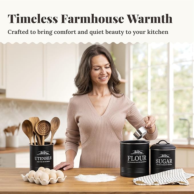 noonberry Kitchen Canisters for Countertop – 3-Piece Airtight Canister Set for the Kitchen Counter with Utensil Holder – Flour Sugar Containers – Matte Black Finish