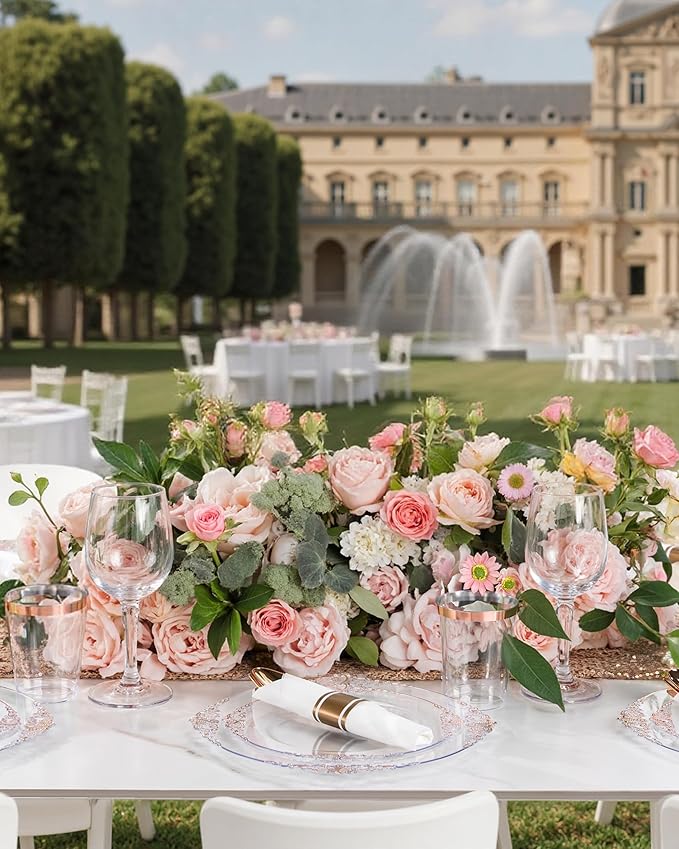 Nervure 350PCS Rose Gold Plastic Plates - Rose Gold Plastic Dinnerware Sets for 50 Guests - 100 Disposable Plates, 150 Silverware, 50 Cups, 50 Napkins Perfect for Wedding & Party & Mothers Day