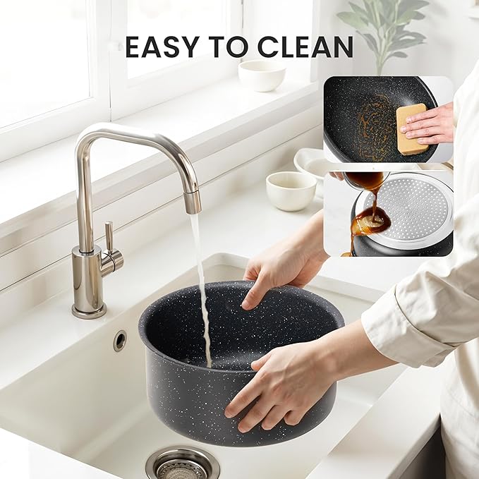 Simple Deluxe 12 Pcs Cookware Set, Non-Stick Pots and Pans Set, with Black Granite Texture and Detachable Handles, Resistant to High Temperatures, Oven Safe, PFAS and PFOA Free, Black