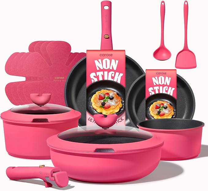 CAROTE 15pcs Pots and Pans Set Non Stick, Cookware Set Non Toxic with Detachable Handle, Induction Kitchen Cooking Set, Dishwasher/Oven Safe, RV/Camping Cookware