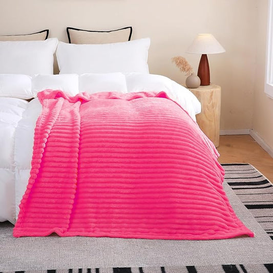 Hot Pink Fleece Throw Blanket 60”×80” for Couch Sofa Bed,Super Soft Cozy Plush Microfiber Flannel Blanket with Stripes Design Lightweight for Adults,Woman,Girls