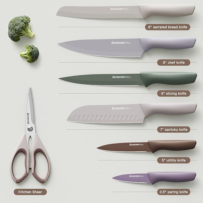 Astercook Knife Set, 13 Pieces Kitchen Knives Set with Healthy Anti-Rust Coating, Dishwasher Safe, Stainless Steel Chef Knife Sets with 6 Blade Guards, Perfect Mothers Day Gifts for Kitchen Morandi