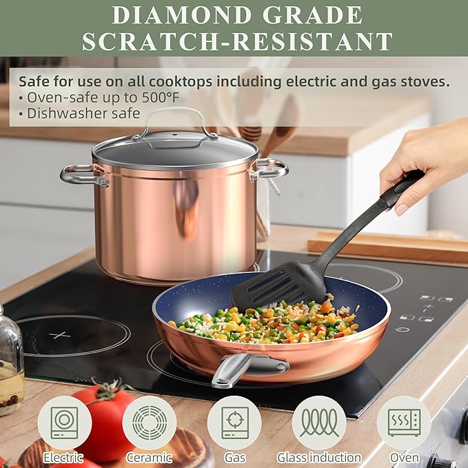 Nuwave Healthy Duralon Blue Ceramic Nonstick Cookware Set, Diamond Infused Scratch-Resistant, PFAS Free, Dishwasher & Oven Safe, Induction Ready & Evenly Heats,Tempered Glass Lids & Stay-Cool Handles