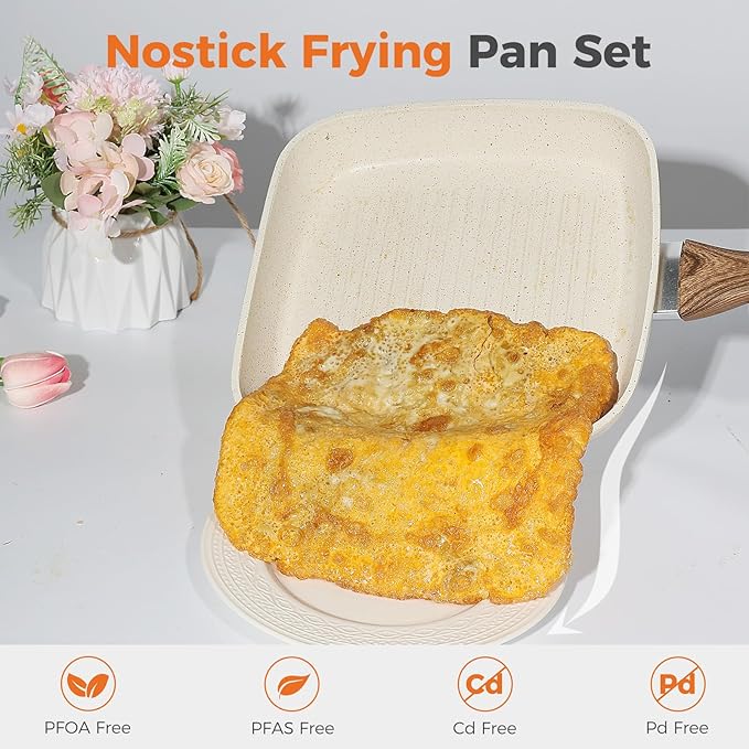Sweetcrispy Nonstick Grill Pans Set, 3 Piece Square Frying Pan Skillet Set with Stay Cool Handle & PFOA Free, Compatible with All Stovetops (9.5" 10" 11") Beige