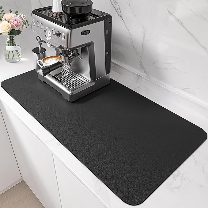 PoYang 31.5"x17" Coffee Mat X-Large, Coffee Bar Accessories for Countertop, Absorbent Dish Drying Mat, Anti-Slip and Hide Stain Pad for Espresso Machine, Espresso Maker and Kitchen Counter, Black