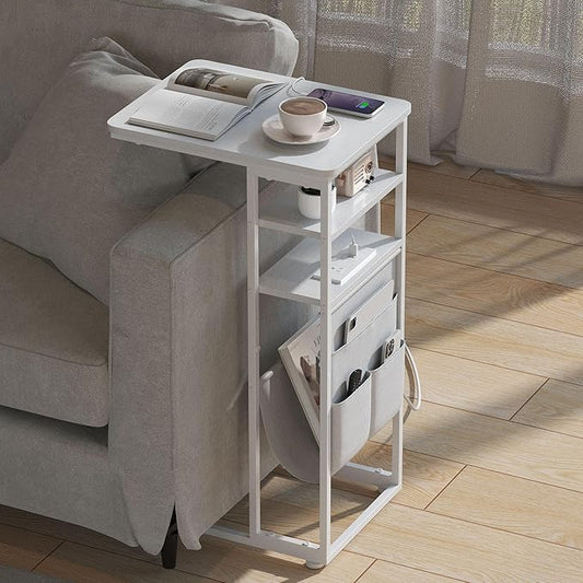 C Shaped End Table with Charging Station, 28"(H) 3-Tier C Table with Storage Bag, Under Couch Table C-Shaped End Table with Storage Shelves and Bag for Living Room, Bedroom, or Office