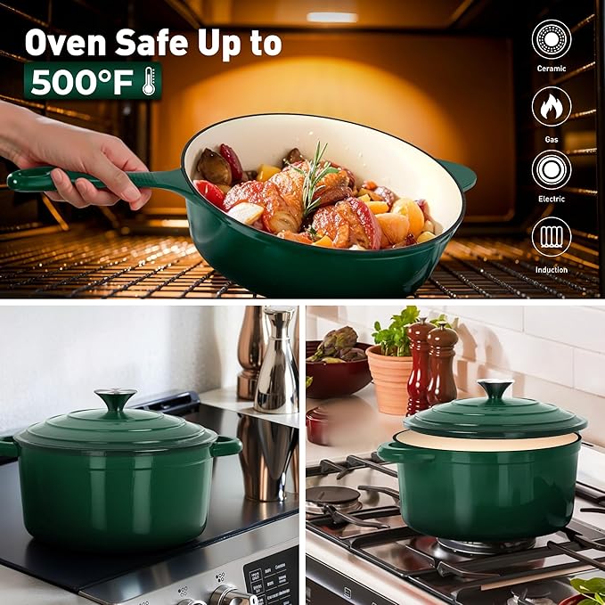 DishDelight Enameled Cast Iron Pots and Pans Set, 7 Piece Dutch Oven Set with Lids, Enamel Coated Non Toxic Cookware, PFOA&PFAS Free, Emerald