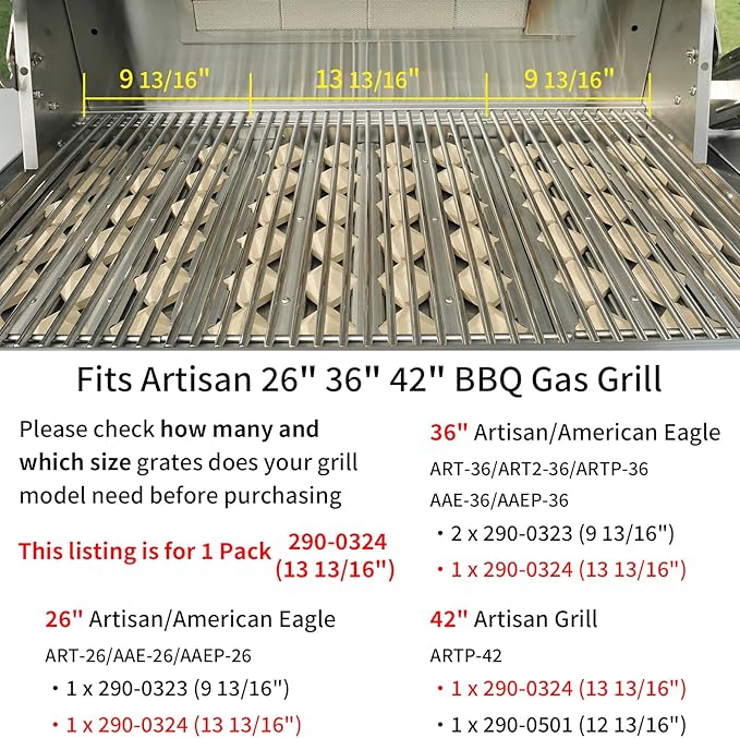 290-0324 Grill Grate for Artisan 304 Stainless Steel BBQ Cooking Grid Replacement Part for Artisan 36 26 42 Inch BBQ Grill ARTP AAEP Art ART2 AAE, 18 1/8" x 13 13/16", 1 Pack
