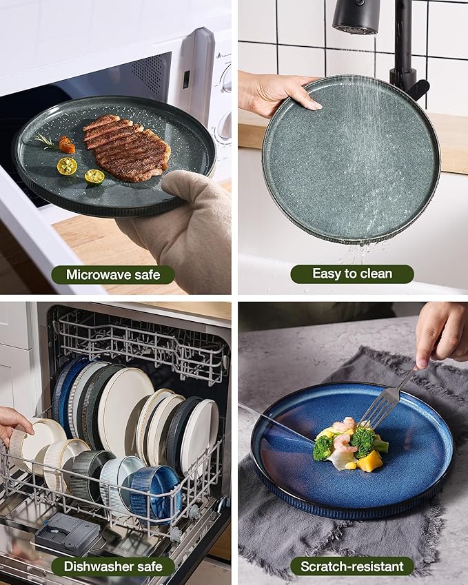 Famiware Star 24-Piece Stoneware Dinnerware Sets, Service for 6 - Shallow Pasta Bowls & Flat Plates, Modern Rustic Reactive Glaze Dishes, Chip/Scratch Resistant, Microwave/Dishwasher Safe, Deep Forest