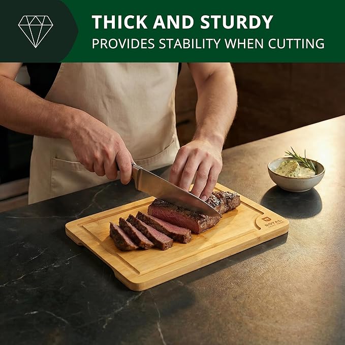 ROYAL CRAFT WOOD Organic Bamboo Cutting Board with Juice Groove - Chopping Board for Meat Butcher Block Cheese and Vegetables, 12x8"