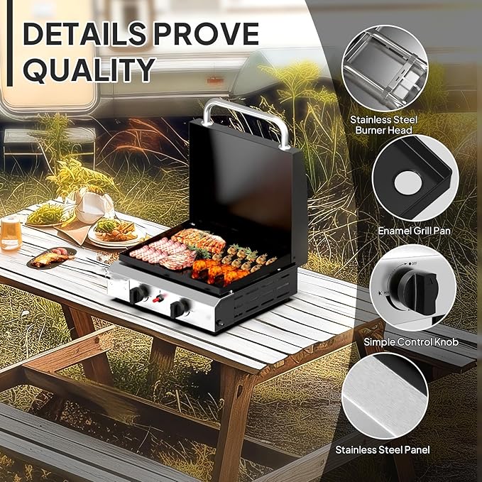 Bonnlo 2 Burner Portable Propane Griddle with Lid, 20000BTU Tabletop Flat Gas Grill with Ignition and Oil Collector, Camping Griddle for Outdoor Cooking Patio Backyard Sandbeach BBQ Party