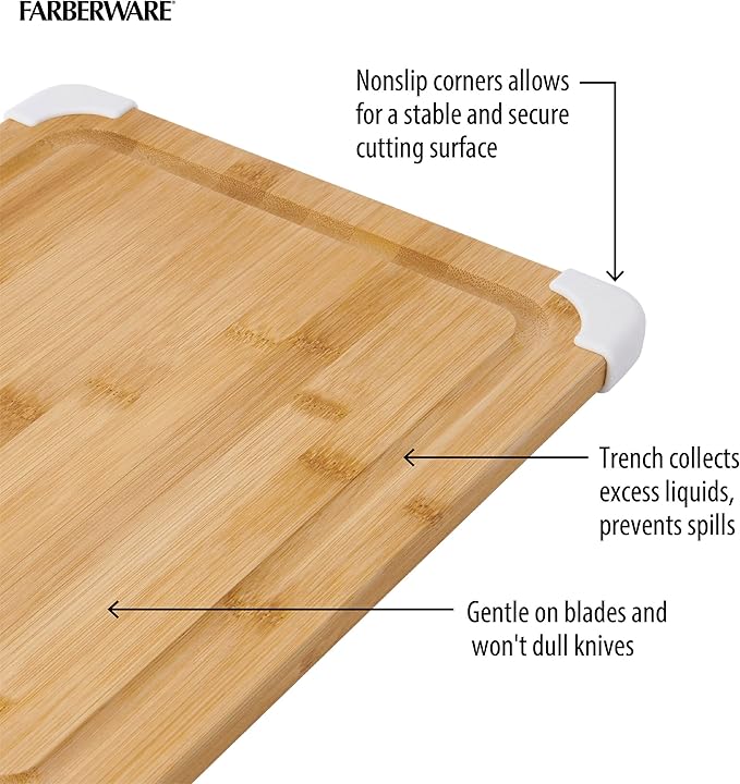 Farberware Nonslip Bamboo Cutting Board with Juice Groove,11x14 Inch,White,(Pack of 6)