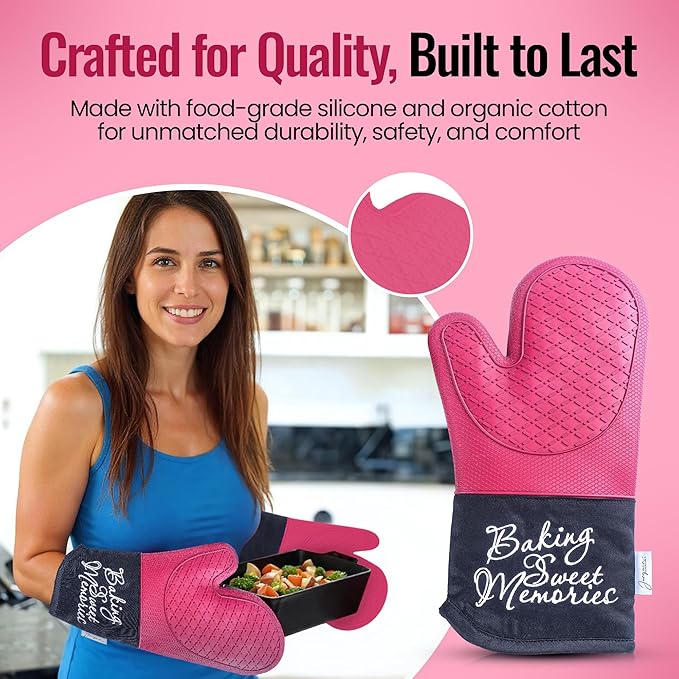 Mitts - Long Slip Resistant Pot Holders - Silicone Oven Mitts - Baking Gloves for Oven - Perfect for Baking, BBQ, Cooking, and Grilling, Oven Mitts Set of 2, 7''x13'' (Burgundy)