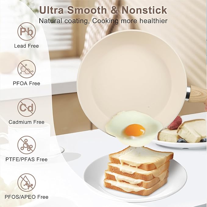 FAB&DELUXE 11Pcs Nonstick Cookware Set, Aluminum Nonstick Pots and Pans with Lids & Wooden Handles, Silicone Spoons & Spatulas, Non-toxic Healthy Kitchen Cooking Sets, PFAS & PFOA Free