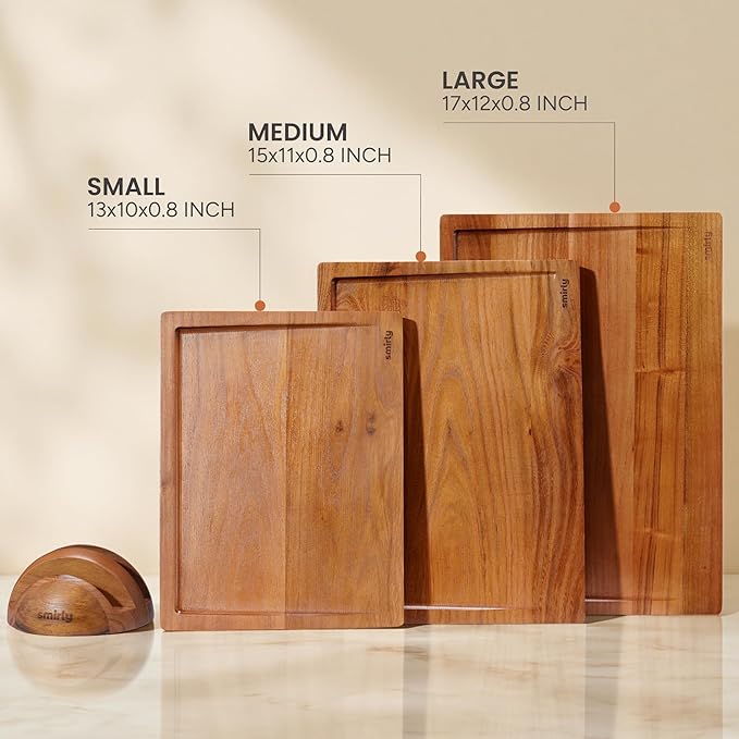 SMIRLY Wood Cutting Boards for Kitchen Wooden Chopping Board Set Reversible with Deep Juice Grooves Grip Handles, Large Charcuterie Tray, Ideal for Chopping Meat Vegetables Teak Wood, 3Pcs with Holder