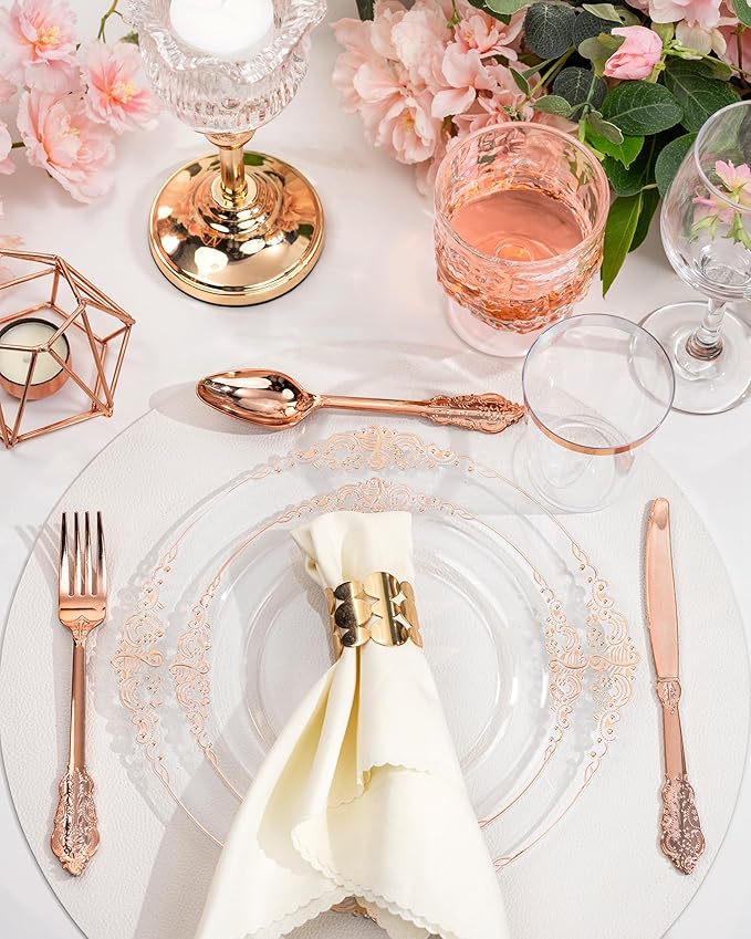 Nervure 350PCS Rose Gold Plastic Plates - Rose Gold Plastic Dinnerware Sets for 50 Guests - 100 Disposable Plates, 150 Silverware, 50 Cups, 50 Napkins Perfect for Wedding & Party & Mothers Day
