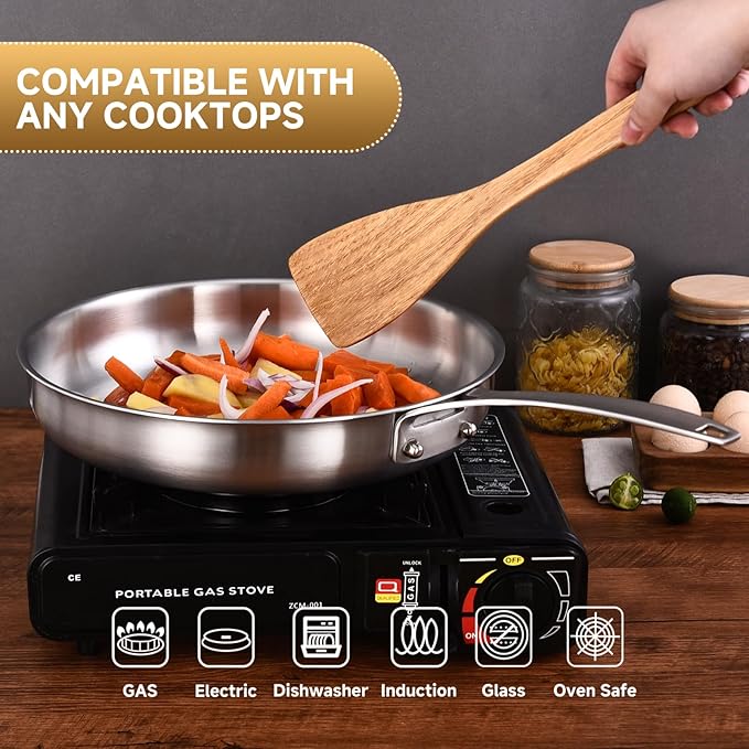Inqibee 8.5-10-12 Inch Tri-Ply Stainless Steel Frying Pan Set of 3 with a Lid, Skillets, Chef's Pan, Induction Cooking Pans, Dishwasher Safe and Detachable Handle