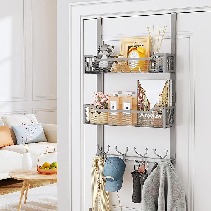 SWTYMIKI Over The Door Hooks Organizer - Multi-Functional Door Hanger with 16 Hooks & 2 Mesh Baskets, Long Coat Rack for Bathroom, Bedroom, Living Room, Home Storage Organizer, Gray